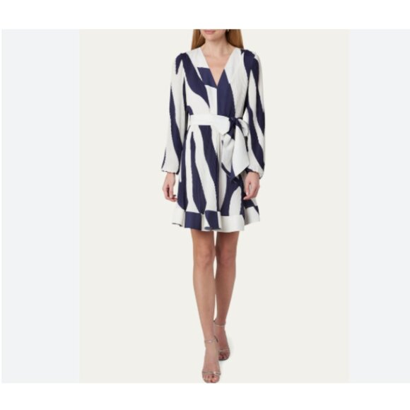 Milly Liv Zebra-Print Pleated Belted Mini Wrap Dress in Blue & White Size 10 - Picture 1 of 13